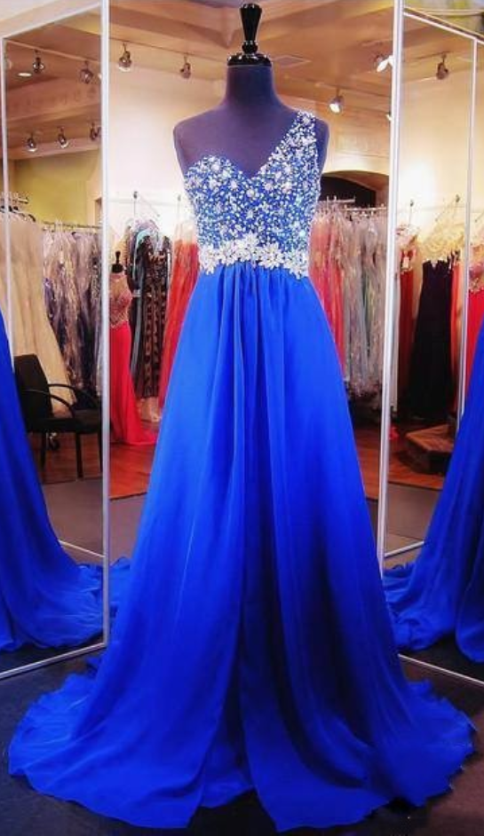 Royal Blue Prom Dresses Backless One Shoulder Designer Beaded Crystal Prom Dress Formal Dress Evening Gowns Long