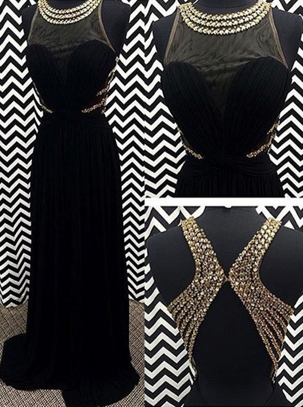 Modern A-line Crew Neck Prom Dress,floor Length Black Chiffon Evening Dress With Beading