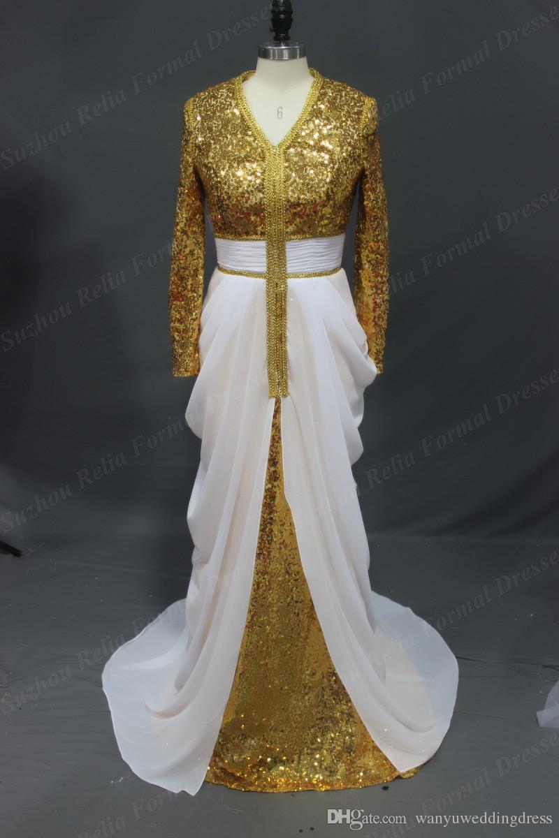 Sexy Dubai Hijab Gold Sequins Evening Prom Dresses Gown A-line V-neck 3/4long Sleeves Pleated Long African Party Gown Plus Size Real Image