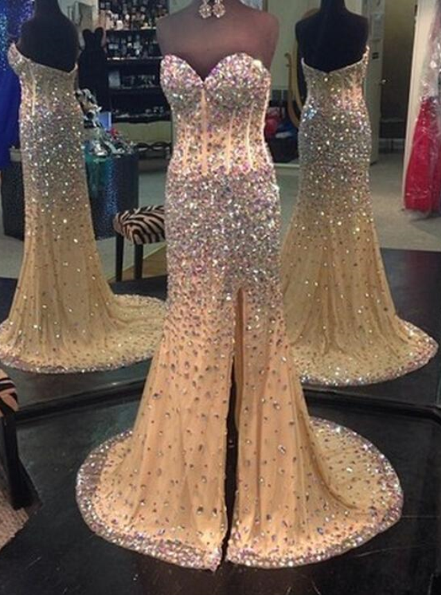 Sweetheart Neckline Mermaid Champagne Pageant Prom Dresses Crystals Wedding Party Dresses Rhinestones Long Evening Dresses Custom Made 