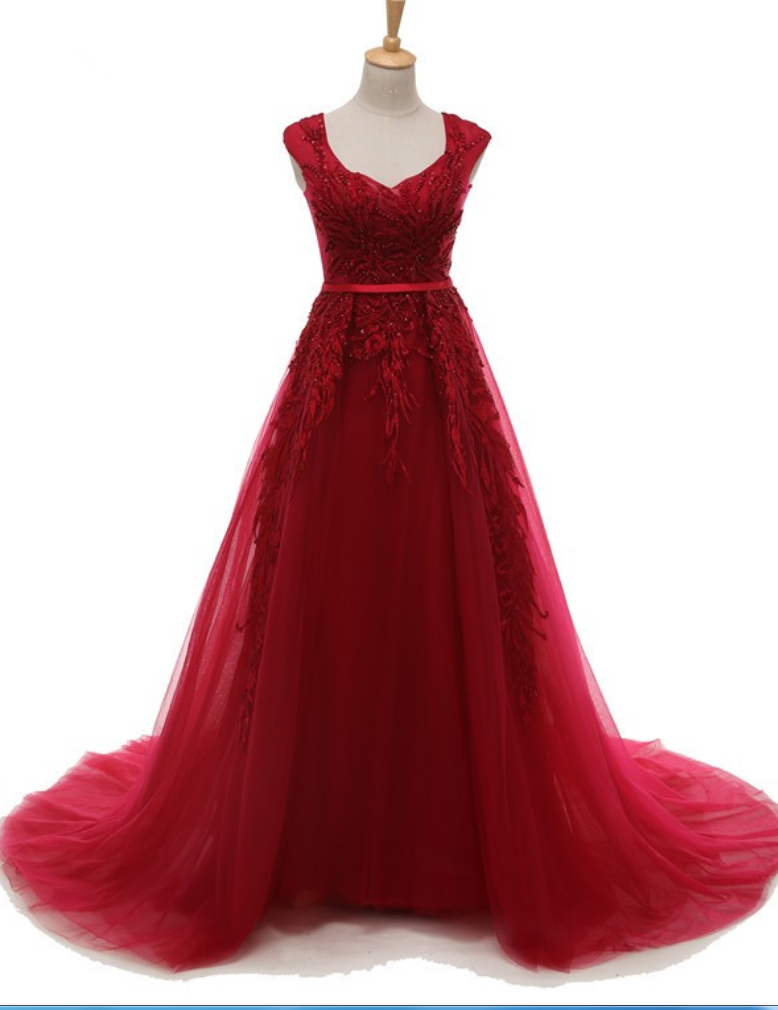 Elegant Real Photo Red Lace Embroidery Dresses With Beaded Appliques Custom Made Chapel Train Burgundy Formal Gowns 2017