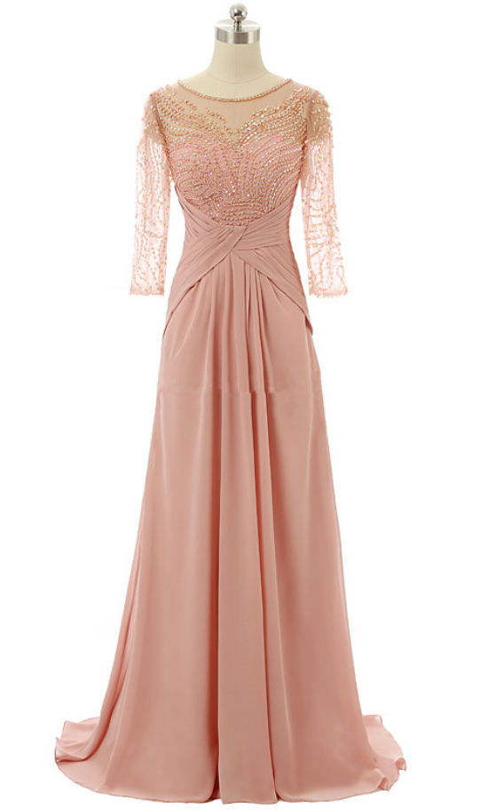 Scoop Sheer Beaded Chiffon A-line Floor-length Prom Dress, Evening Dress