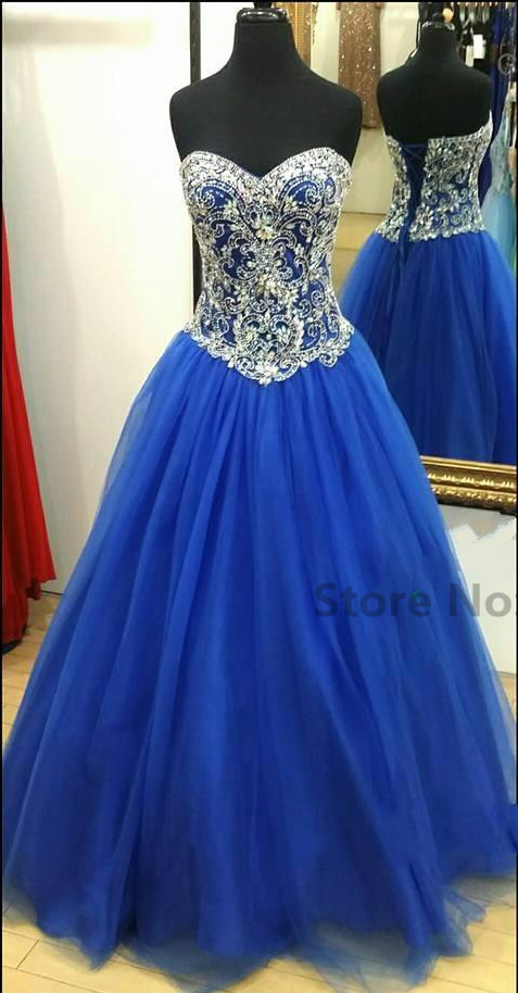 Royal Blue Crystals Prom Dresses A Line Sweetheart Beaded Plus Size Lace Up Back Formal Party Gowns Real Images Vestidos De