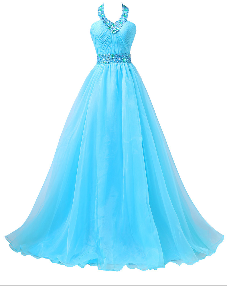 Grace Karin Real Picture Long Prom Dresses Sky Blue Halter Ball Gown Crystals Beading Elegant Party Special Occasion Dress