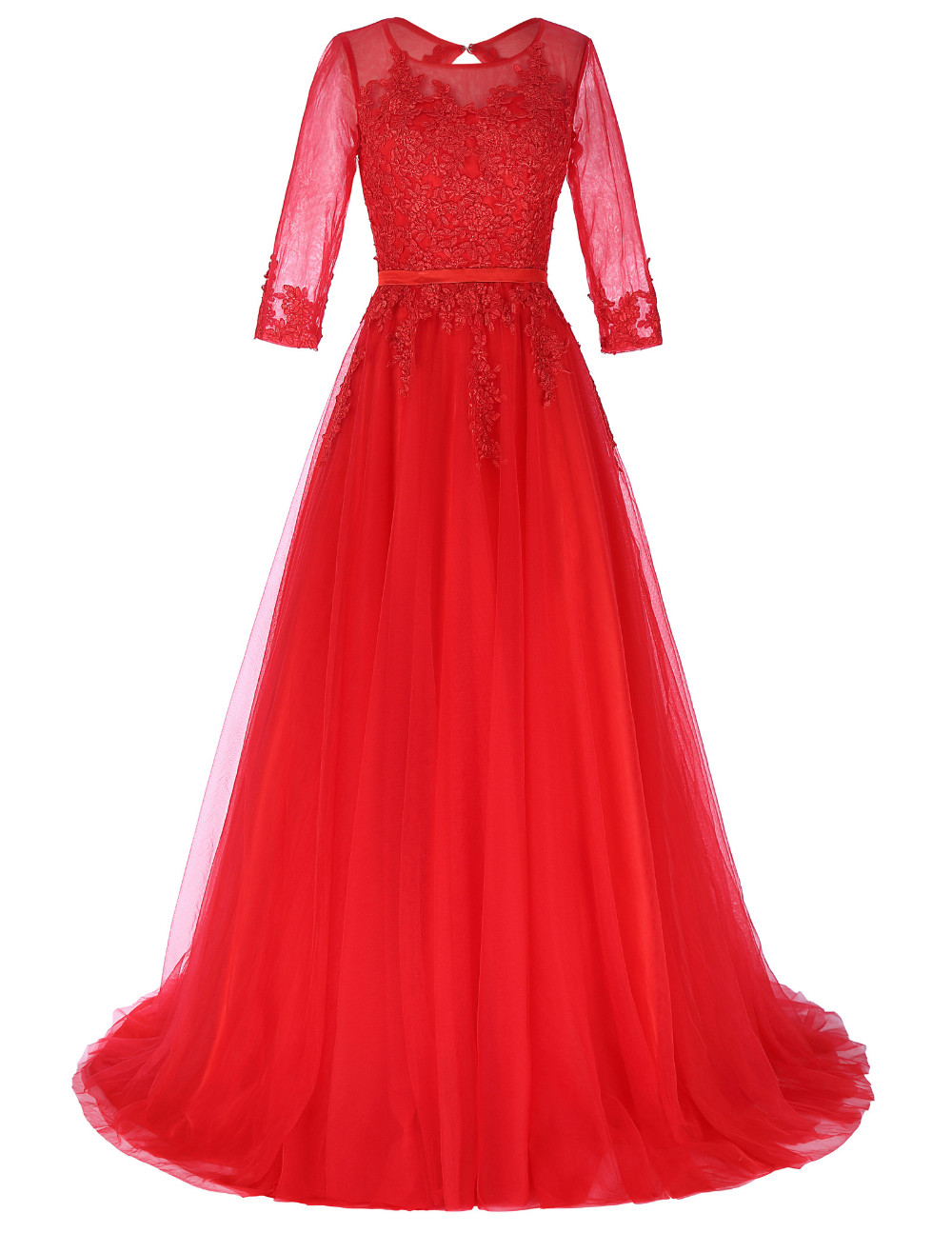 Appliques Tulle Lace Long Red Wedding Dress 2017 Arabic 3/4 Sleeve Vestidos De Noiva Robe De Mariage Bridal Dress