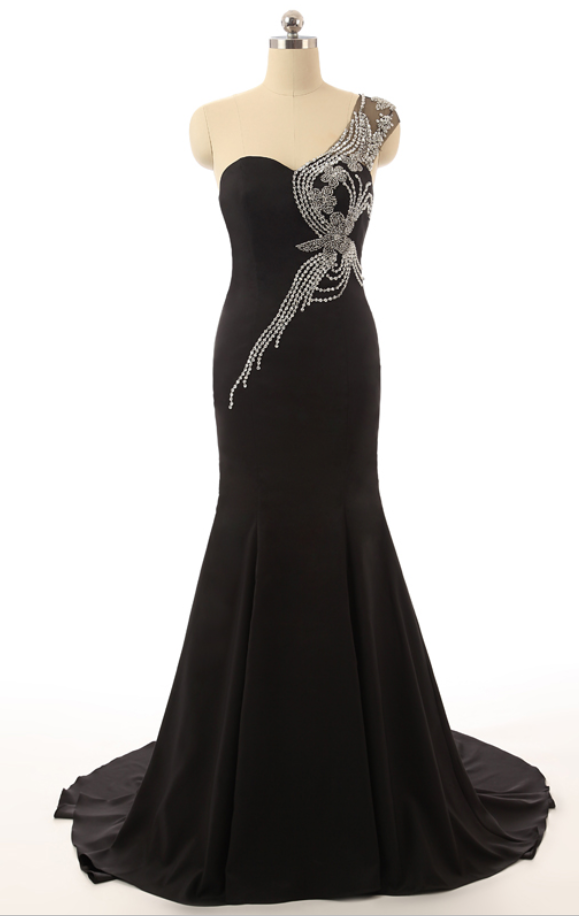 Sweetheart Neck One Shoulder With Beading Crystal Black Mermaid Long