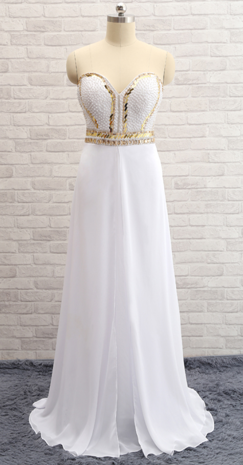 A Line Sweetheart Neck Beading Bodice White Chiffon Skirt Floor Length Party Dresses