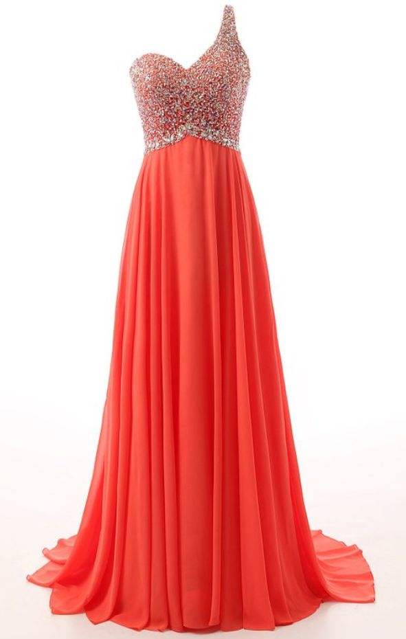 One Shoulder Floor Length Chiffon A-line Prom Dress Featuring Beaded ...