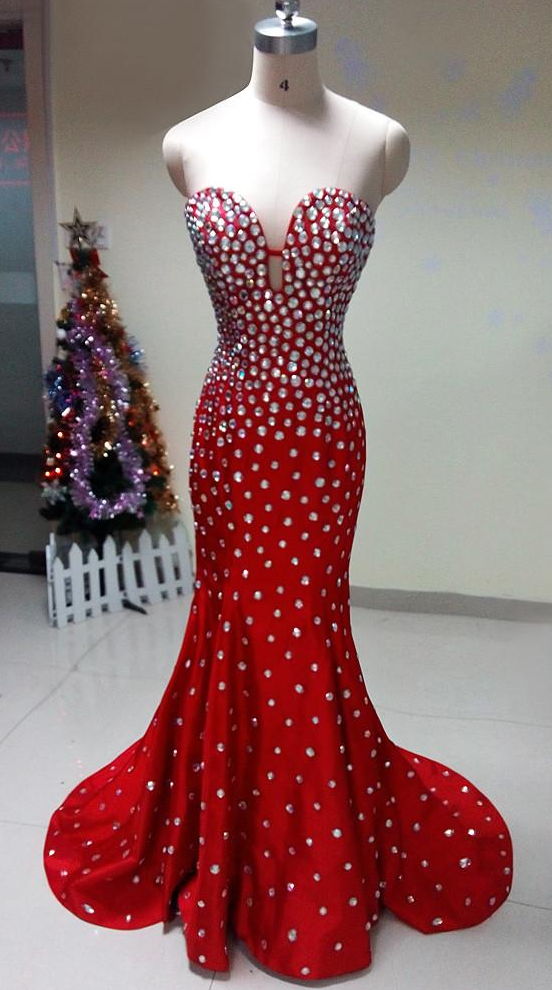Evening Gown Dresses Vestidos De Noite Real Pictures Red Mermaid Prom Dresses With Crystals