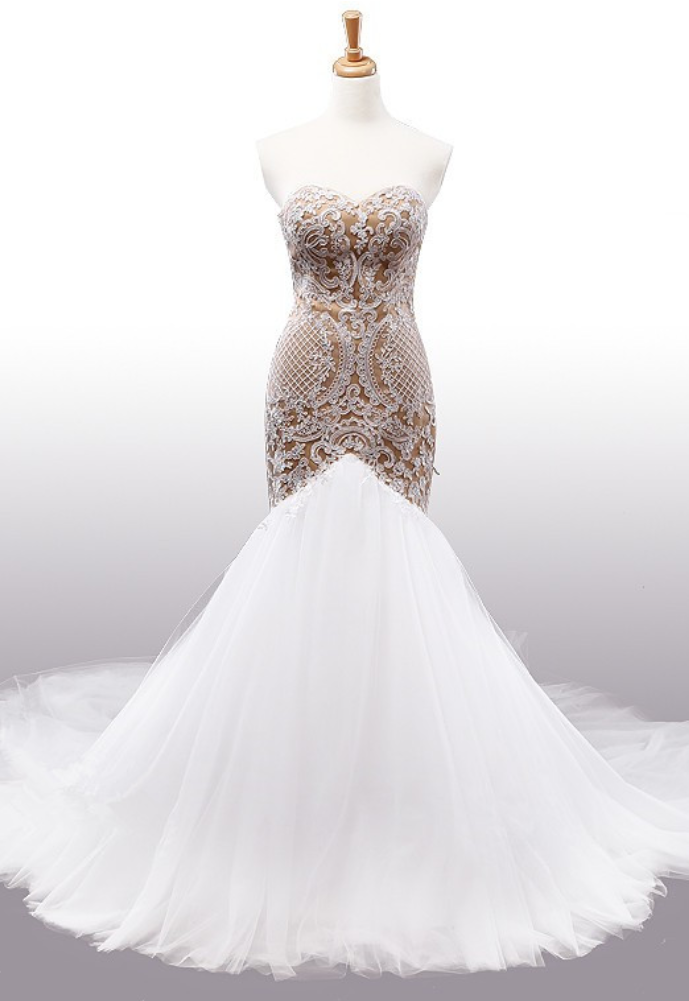 Strapless Sweetheart Lace Mermaid Wedding Dress With Champagne Gold Appliqués And Long Train