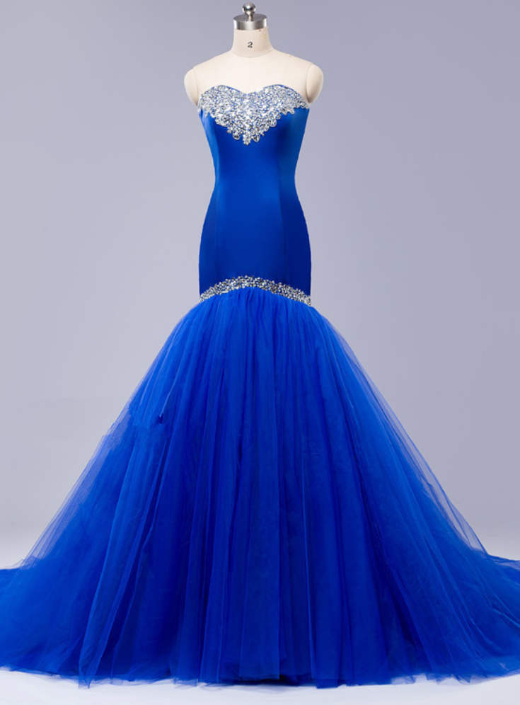 Blue Strapless Sweetheart Beaded Mermaid Long Prom Dress, Evening Dress With Train And Lace-up Back
