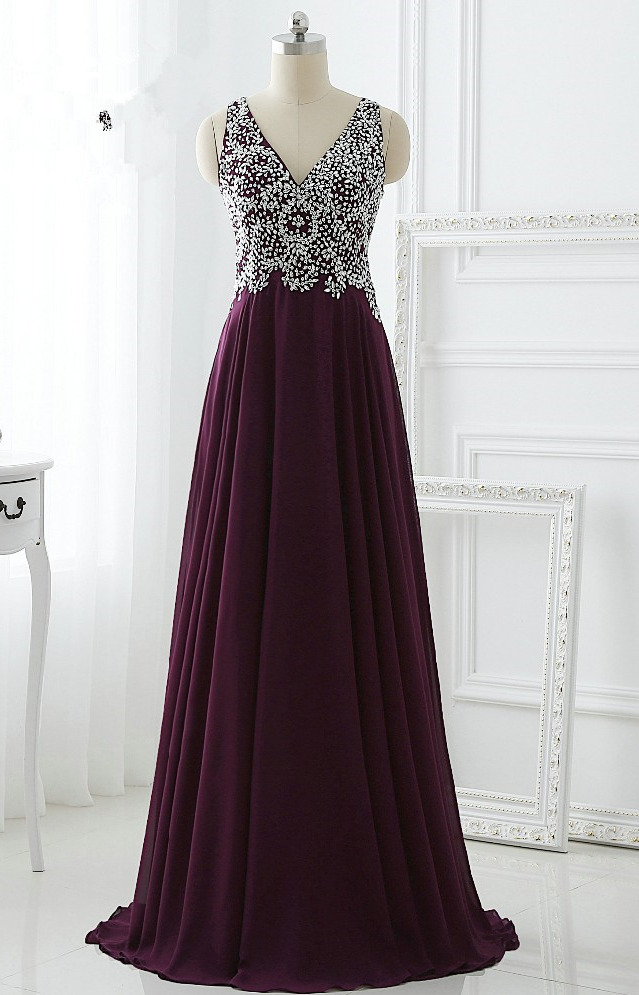 Real Photo Beading V Neck Prom Dresses Sleeveless Pleat Sweep Train A Line Chiffon Formal Women Gowns Customized