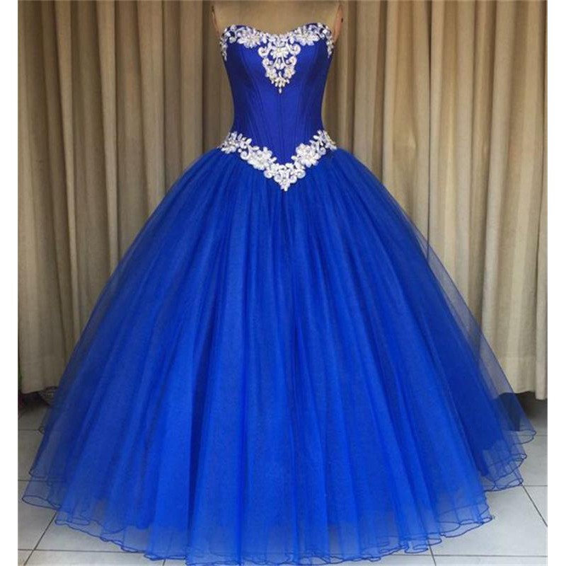 Royal Blue Prom Formal Gowns Strapless Applique Tulle Ball Gown Quinceanera Dresses for Sweet Prom Party Dress