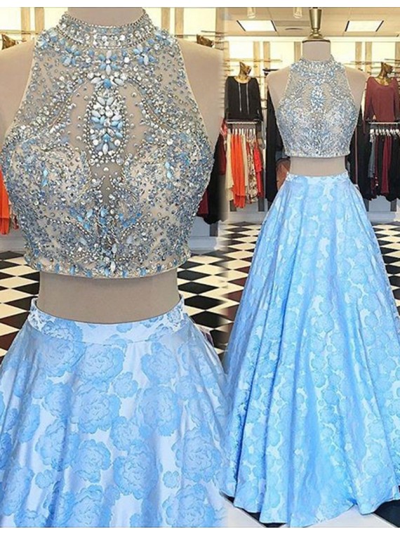 Sexy Prom Dress,modern Light Blue High Neck Floor Length Two Piece Prom Dress With Beading