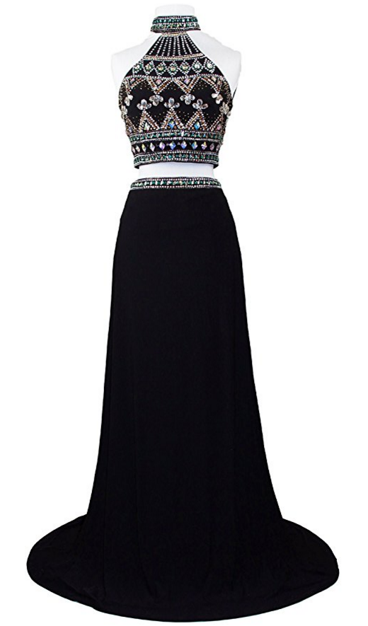 Women's Two Piece Rhinestone High Neck Pageant Prom Party Dress