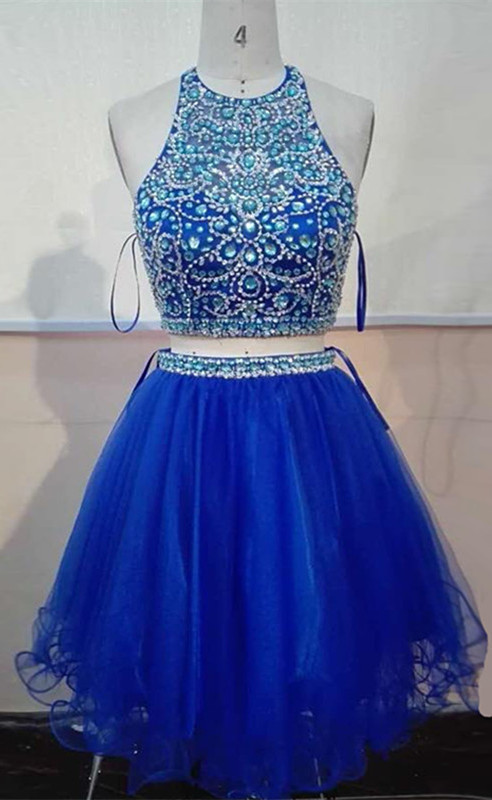 High Quality Halter Royal Blue Homecoming Dresses 2017 Fashion Short Two Pieces Prom Dresses Backless Tulle Vestidos De Festa