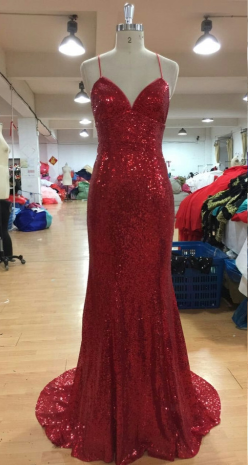 Sexy Prom Dresses With V Neckline Criss-cross Backless Bling Bling Mermaid Prom Dress 2017 Red Sequins Evening Dresses