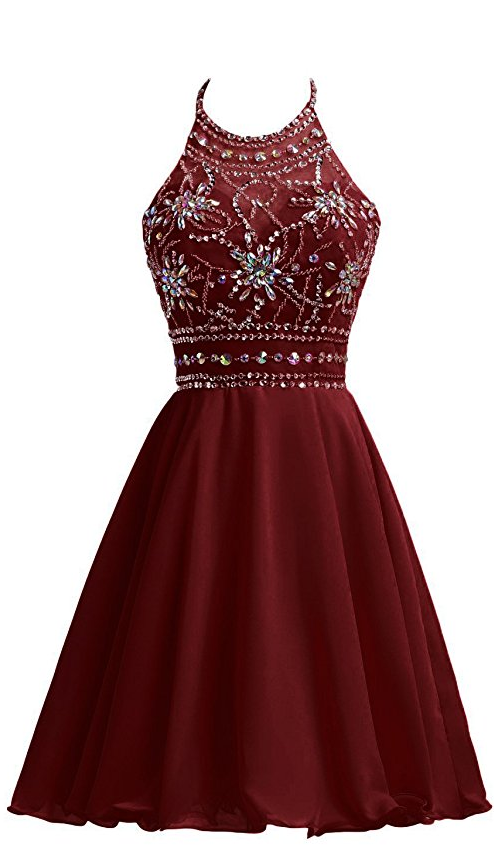 Burgundy Chiffon Homecoming Dresses For Juniors Halter Prom Party