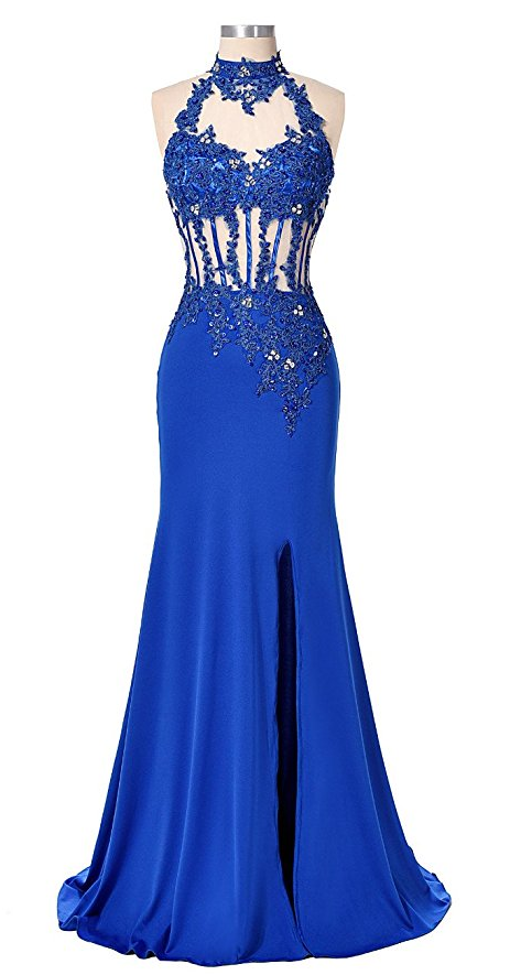 Long Mermaid Lace Evening Party Gowns Side Split Beaded Prom Formal Dresses