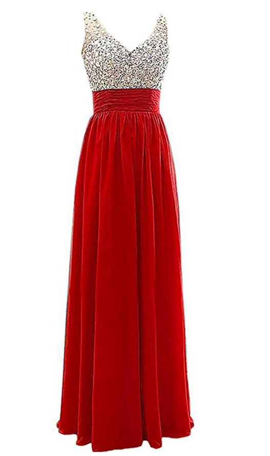 Women's V-neck Sequins Evening Party Gowns Beaded Formal Prom Dresses