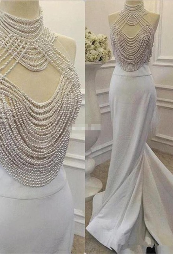 2017 Fashion Heavy Pearls Mermaid Prom Dress Real Picture High Neck Evening Dress Long Formal Evening Gown Dress Robe de soiree