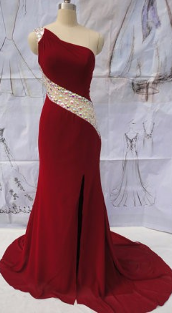 One Shoulder Long Prom Dresses Open Sheer Back Side Cut Out Heavy Beaded  Court Train on Luulla
