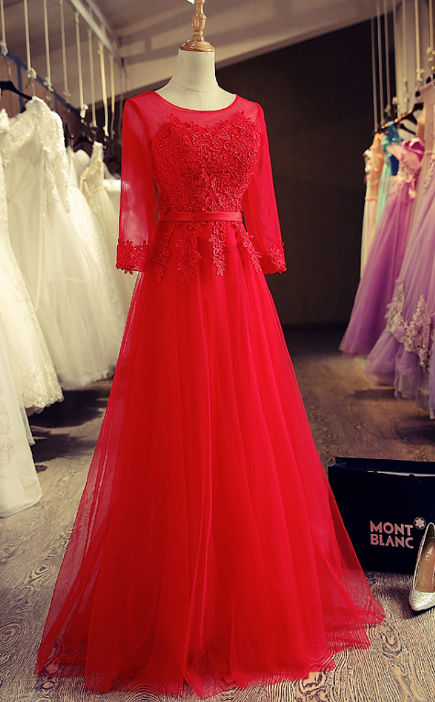 Long Sleeve Red Applique A-line Bandage Tulle Prom Dress/evening Dress