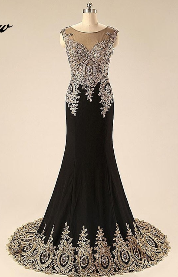 Exquisite Gold Lace Applique Black Spandex Long Mermaid Formal Women Dress Evening Gown Vestido De Longo