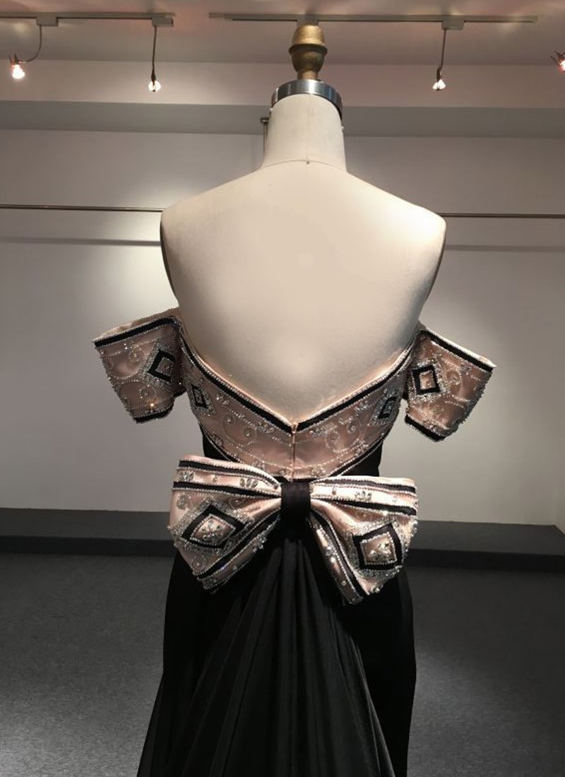 Sensual Off Shoulder Evening Gown with Semi-Transparent Bustier