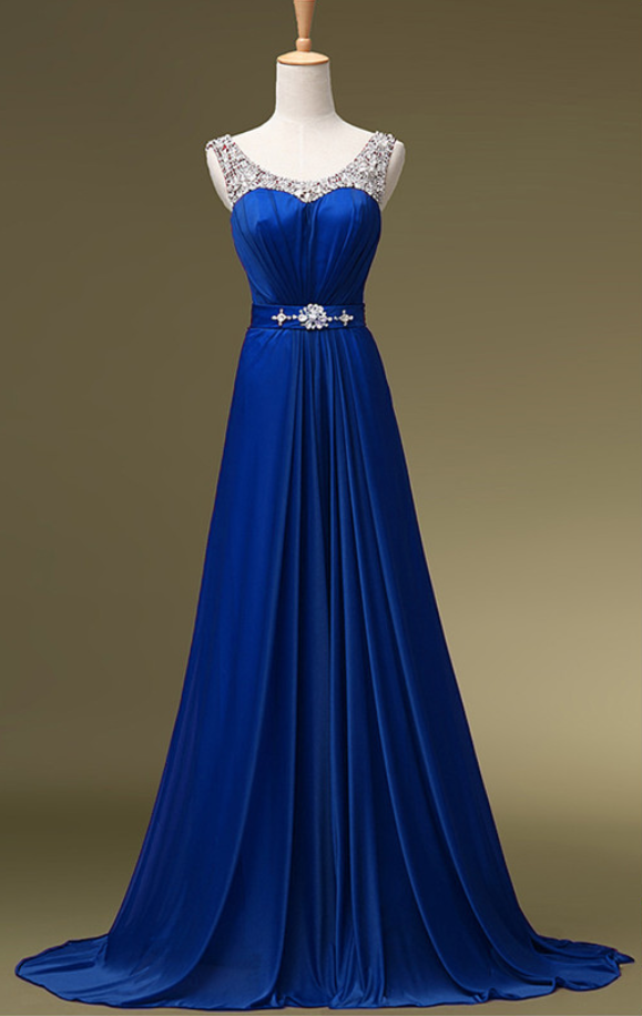 Royal Blue Long Chiffon Floral Beadings Scoop A Line Evening Gown Prom