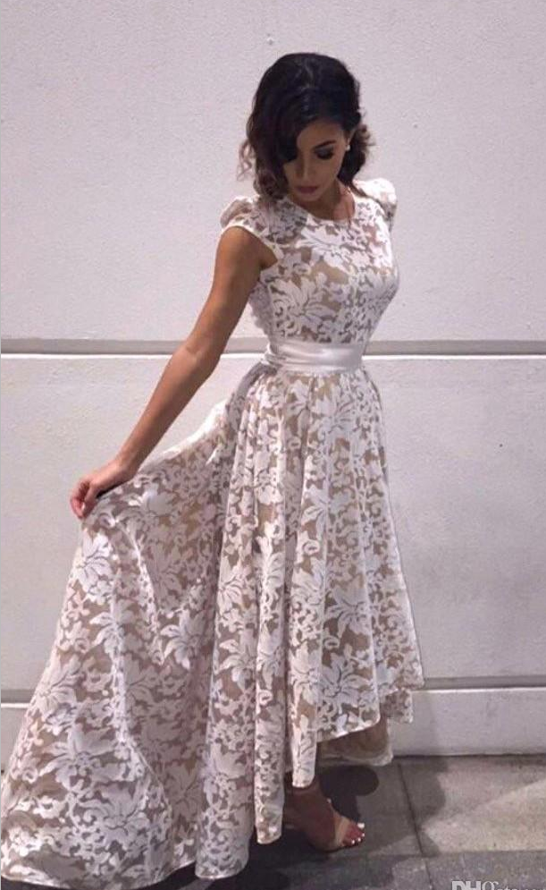 Elegant Cap Sleeves High Low Evening Dresses White Champagne Lining Lace Appliques Formal Party Prom Gowns Custom Real Images