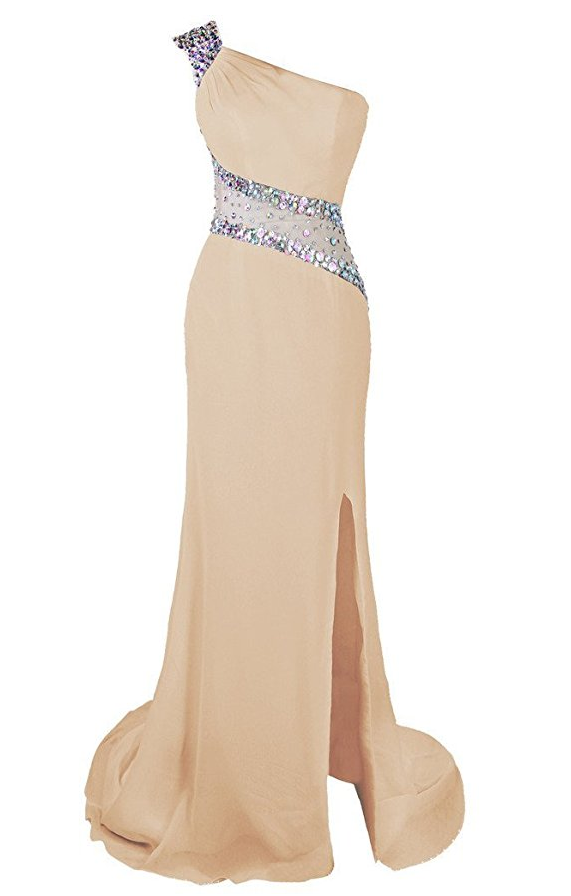 One Shoulder Beaded Prom Dress Evening Party Gowns Side Split