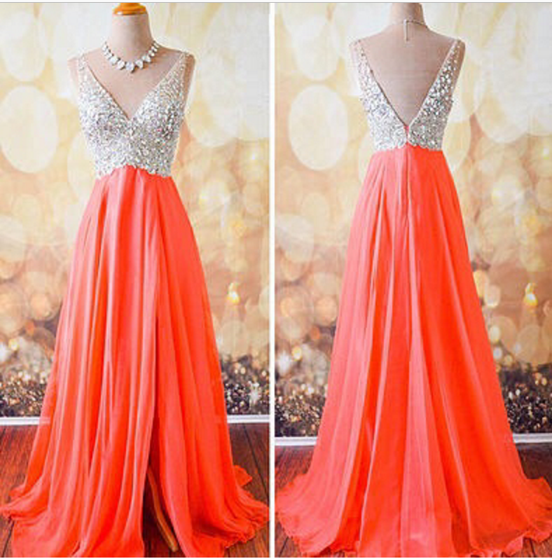 A Line Beaded Appliques V Neck Chiffon Prom Dress LBQ3993 main image 1