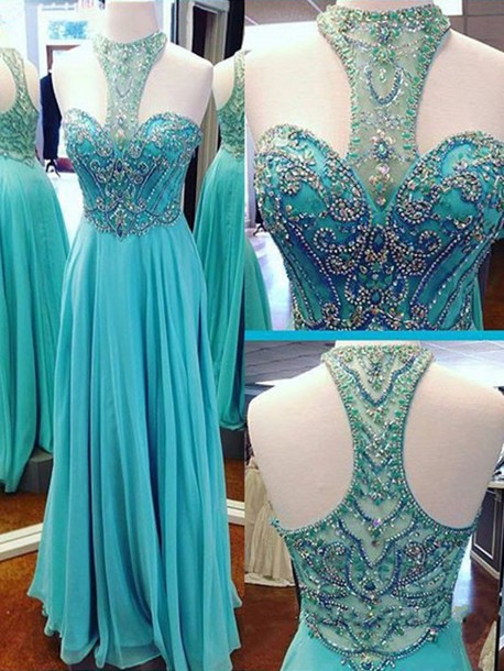 Prom Dress,beaded Prom Dress,a-line Chiffon Evening Dress,turquoise Chiffon Prom Dresses, Prom Dress,long Sexy Prom Dress