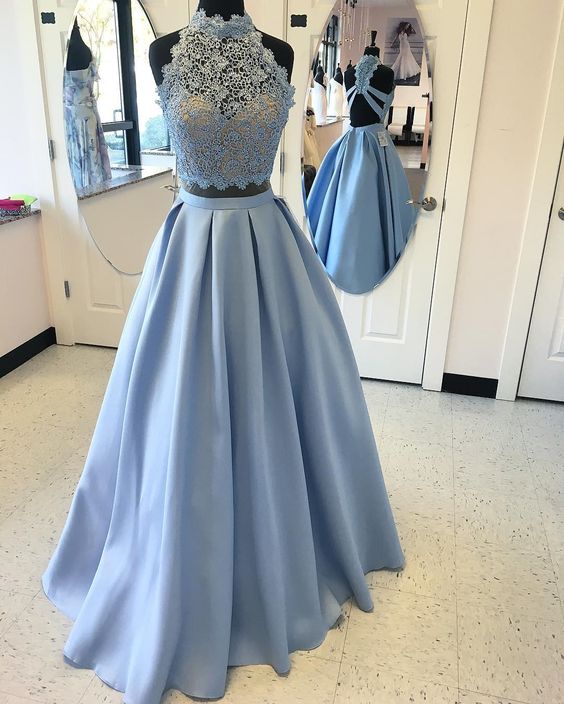 Two Piece Sky Blue Prom Dress, 2017 Two Piece Sky Blue Long Prom Dress