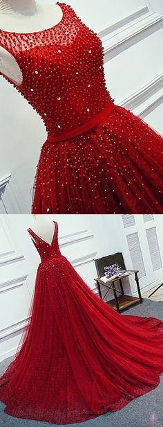 Luxurious A-line Round Neck Red Long Prom Dress With Pearl on Luulla