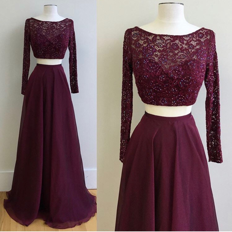 Two Pieces Prom Dress With Long Sleeves, Graduation Party Dresses, Banquet Dresses, Formal Dresses