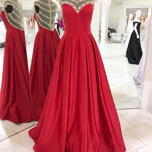 Sexy Prom Dress,sheer Neck Pearl Beading Prom Dresses, Charming Prom Gown, Formal Red Prom Evening Dresses