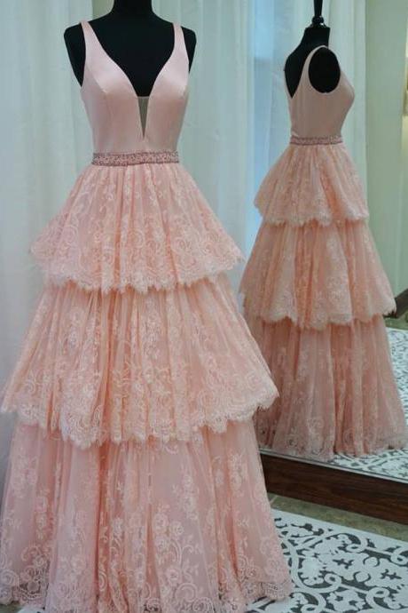 A-line V-neck Prom Gown,lace Prom Dress,pearl Pink Satin Top Formal Dress,fashion Prom Dress With Beads,sexy Sleeveless Party Dress,custom Made