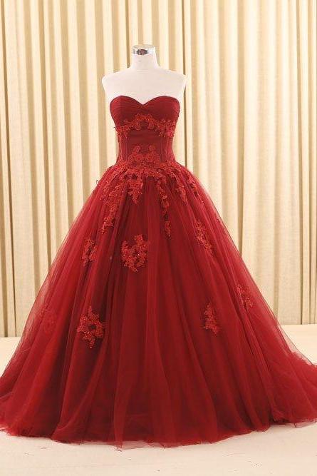 Dark Red Ball Gown Lace Wedding Dress