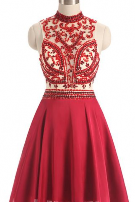 High Neck Sheer Beaded Sexy Short Red Keyhole Back Homecoming Dress