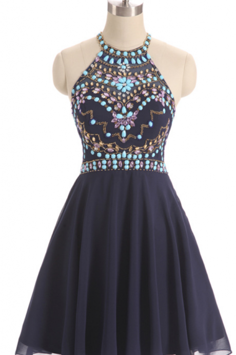 A-line Scoop High Halter Neck Beading Tulle Short Mini Homecoming Dress