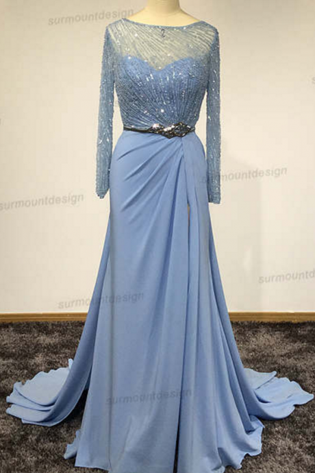 Surmount Custom Made Scoop Neck Abendkleider A Line Full Sleeves Formal Evening Gowns Dresses Blue Vestidos De Fiesta