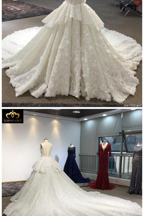 Surmount Custom Made Ivory Sleeveless Big A-line Floor Length Vintage Wedding Dress Vestido Noiva