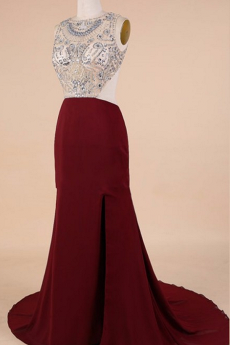 Long Burgundy Prom Dresses 2018 Slit Side Chiffon Women Evening Gowns Sexy Backless Cap Sleeve Crystal Beaded Floor Length