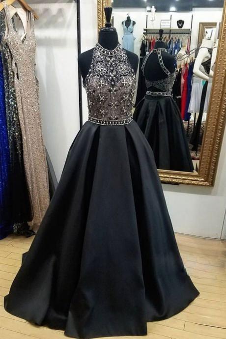 Black High Neck Lace Beads Long Prom Dress, Black Evening Dress