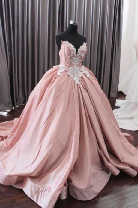 Unique Pink Lace Long Prom Gown, Pink Evening Dress
