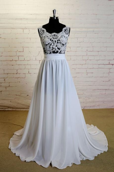White A-line Lace Chiffon Long Prom Dress, Lace Wedding Dress