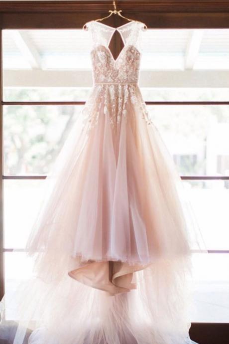Unique V Neck Lace Applique Tulle Long Prom Dress, Wedding Dress