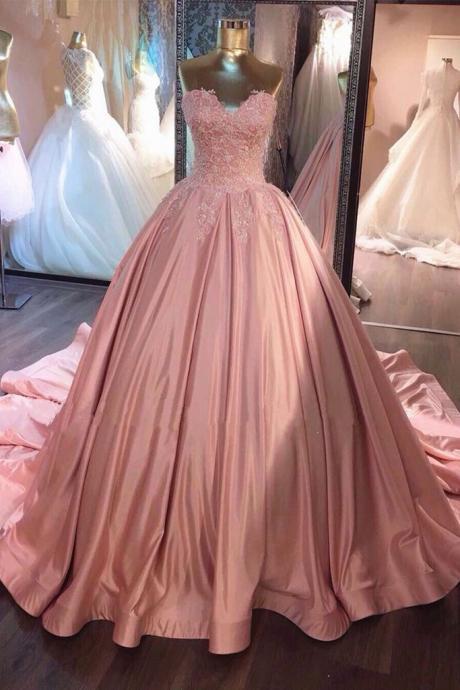 Pink Sweetheart Lace Long Prom Gown, Sweet 16 Dress